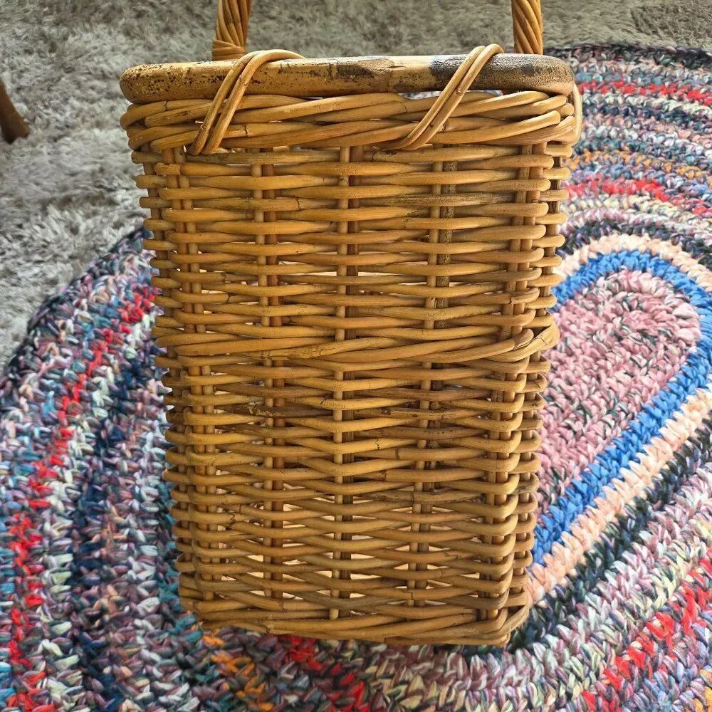 Heritage Stair Step Rattan Basket Hand Woven Wicker Rustic Cottage VTG Country